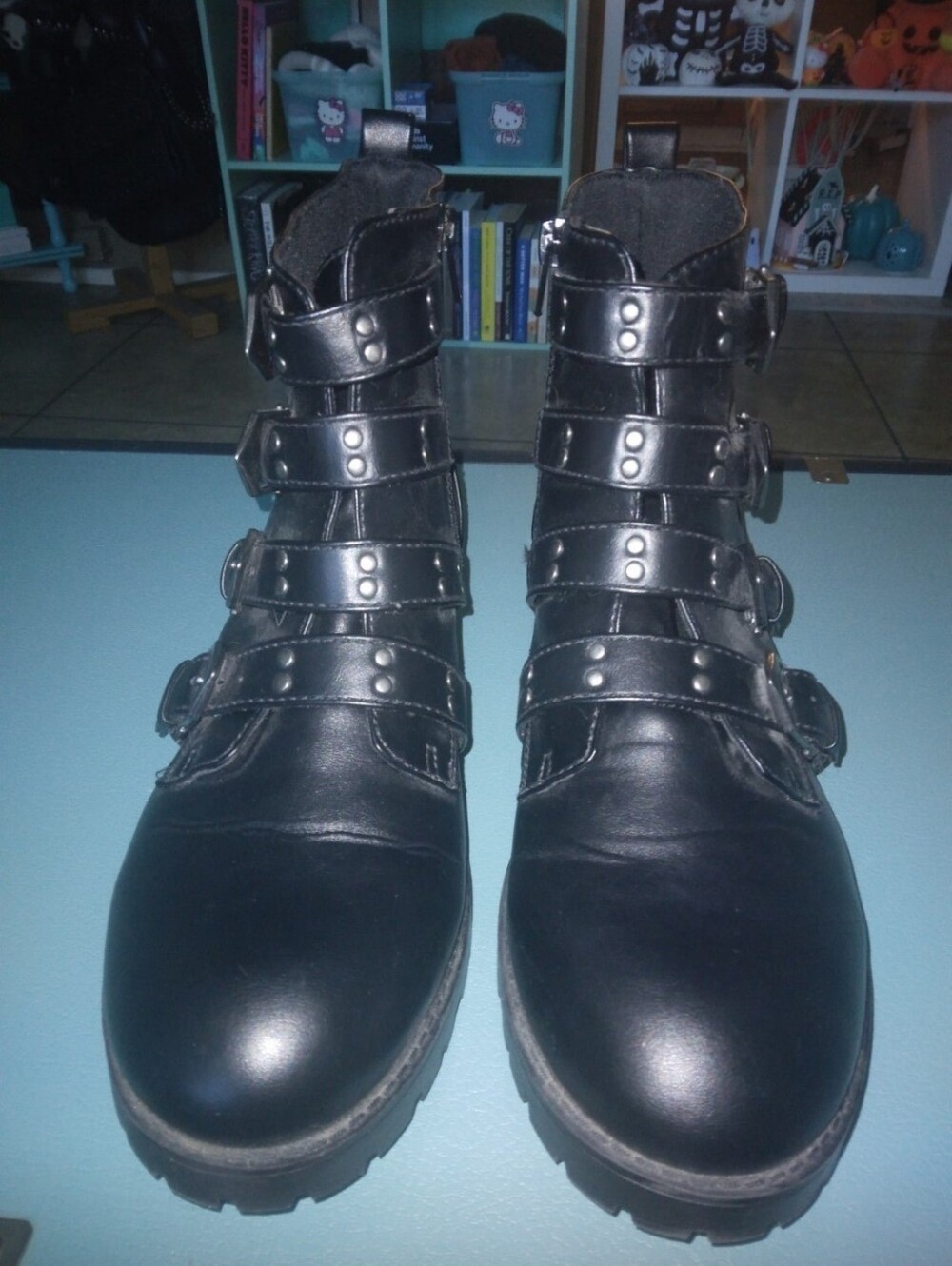 Black Strappy Studded Ankle Booties - 11